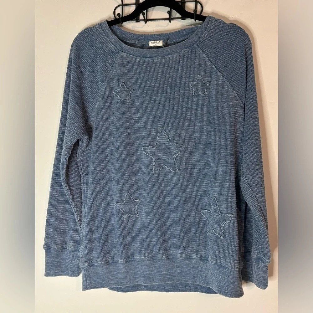 NWT Hello Nite! Womens‎ Burnout Waffle Knit Top Sz Small Star Details Blue